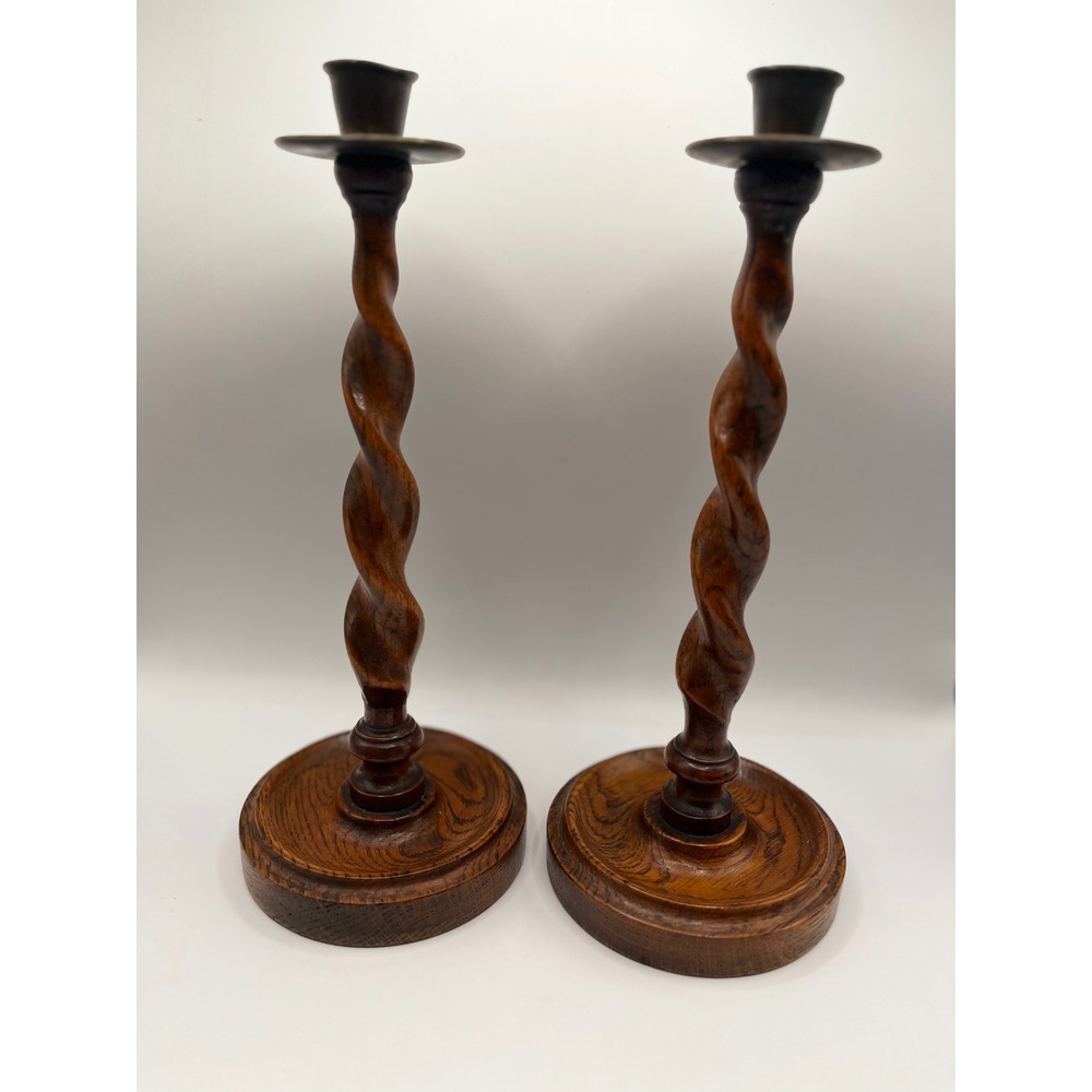 Vintage Barley Twist Wood Candlesticks Pair Brass Top Spiral Candle Holders 12in